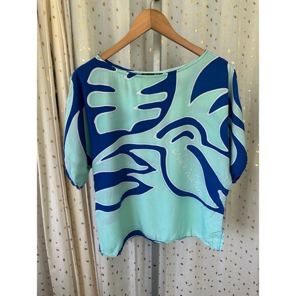 Nahe Wahine Hawaiian Watercolor Batik Mint Blue Flowy Cold Shoulder Blouse XS - Picture 2 of 6